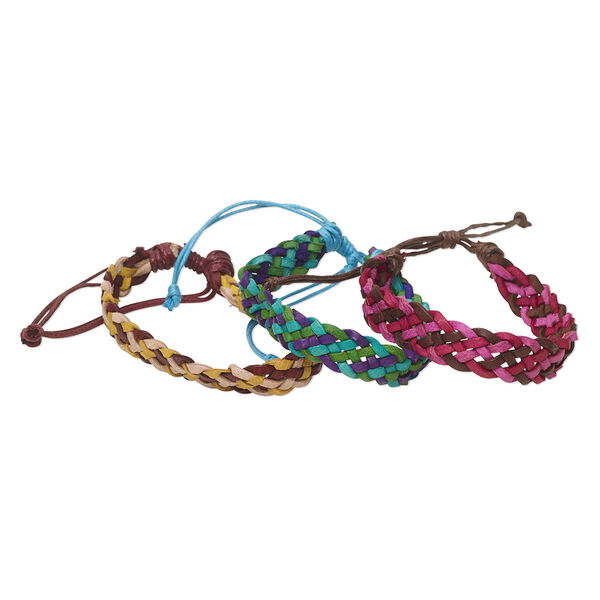 Bracelet, leather, multicolored, 12.5mm wide, woven, adjustable from 7-9 inches with macramé knot closure. Sold per pkg of 3. image number 0