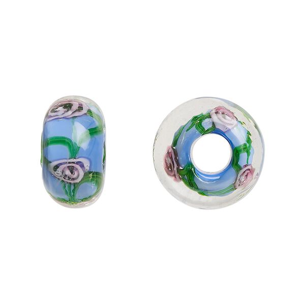 Bead, lampworked glass, opaque medium blue and multicolored, 16x9mm rondelle with rose. Sold per pkg of 4. image number 0
