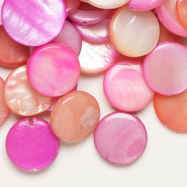 Mother-of-pearl shell 1pkg4oz, puffed flat round bead mix multi-pink 13-16mm image number 0