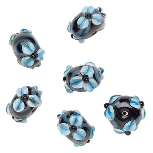 Bead, lampworked glass 1pkg6, opaque black / blue / white, 18x11mm rondelle with flowers and vine.