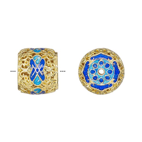 Bead, gold-finished brass and enamel, light blue and blue, 14x12mm fancy barrel with filigree. Sold individually. image number 0