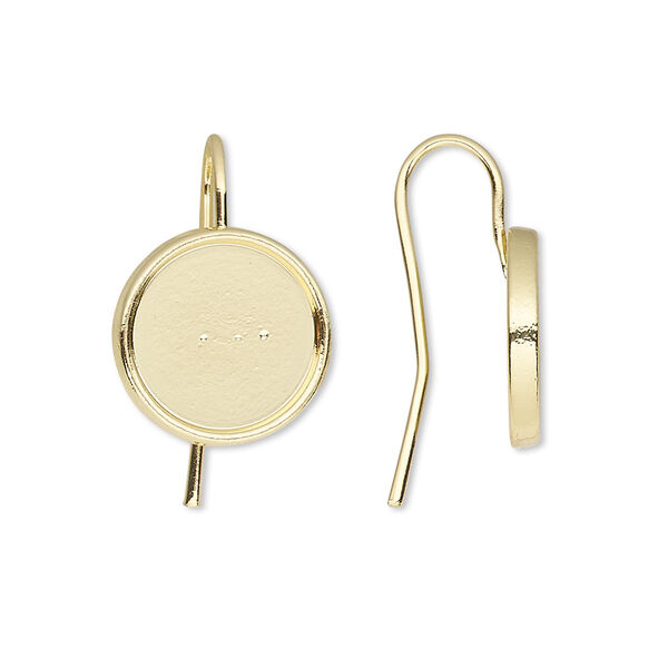 Ear wire, Almost Instant Jewelry®, gold-finished brass, 21mm fishhook with 12mm round glue-in setting, 18 gauge. Sold per pkg of 5 pairs. image number 0