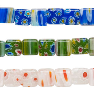 Bead mix, millefiori glass, translucent multicolored, 8mm cube with flower design. Sold per pkg of (3) 14-inch strands.