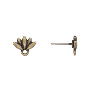 Earstud 1pkg2 TierraCast® antique brass-plated pewter (tin-based alloy) / titanium, 11.5x7mm lotus / closed loop / renewal theme, 1 pair