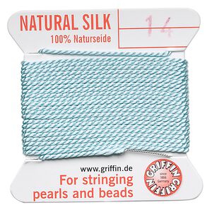 Thread, Griffin, silk, turquoise blue, size #14. Sold per 2-meter card (approximately 78 inches).