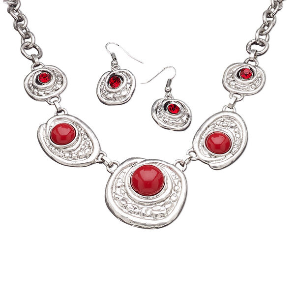Necklace and earring set, Everyday Jewelry, acrylic / glass rhinestone / "pewter" (zinc-based alloy), red, 23mm-39x38mm round, 16-inch necklace with 3-inch extender chain and lobster claw clasp, 40mm earrings with fishhook ear wire. Sold per set. image number 0