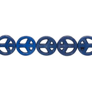 Bead, "howlite" (resin) (dyed / imitation), medium to dark lapis blue, 10-11mm peace sign. Sold per 15-inch strand.