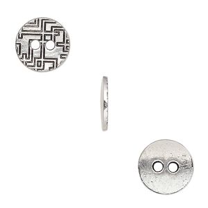 Button, antiqued silver-finished "pewter" (zinc-based alloy), 12mm single-sided flat round with geometric design. Sold per pkg of 50.