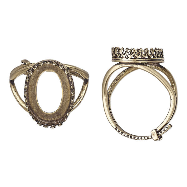 Ring, JBB Findings, antiqued brass, 19.5mm wide with decorative trim and 18x13mm oval bezel setting, adjustable from size 8-11. Sold individually. image number 0