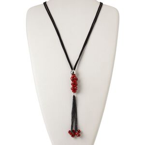 Necklace, 2-strand, velvet cord / steel / glass / silver-coated plastic, black and red, 8x6mm faceted rondelle with 6-inch dangle, 32 inches with knotted end. Sold individually.