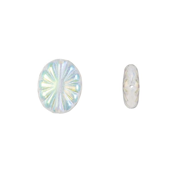 Bead, Preciosa, Czech pressed glass, AB, translucent clear, 14x11mm fluted flat oval. Sold per pkg of 10. image number 0