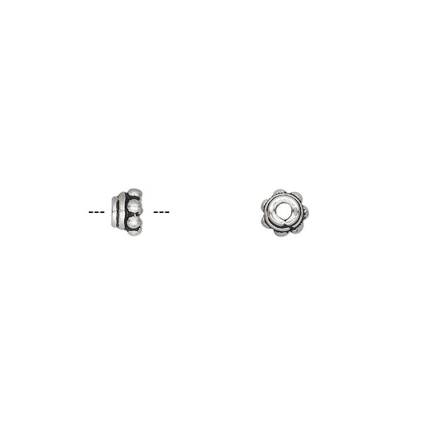 Bead cap, antiqued sterling silver, 5x3mm beaded round, fits 4-6mm bead. Sold per pkg of 4. image number 0