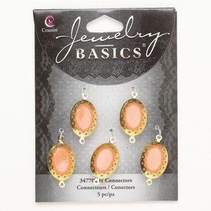 Link 1pkg5 "pewter" (zinc-based alloy) / acrylic, 20x13mm faceted oval, gold finish / peach