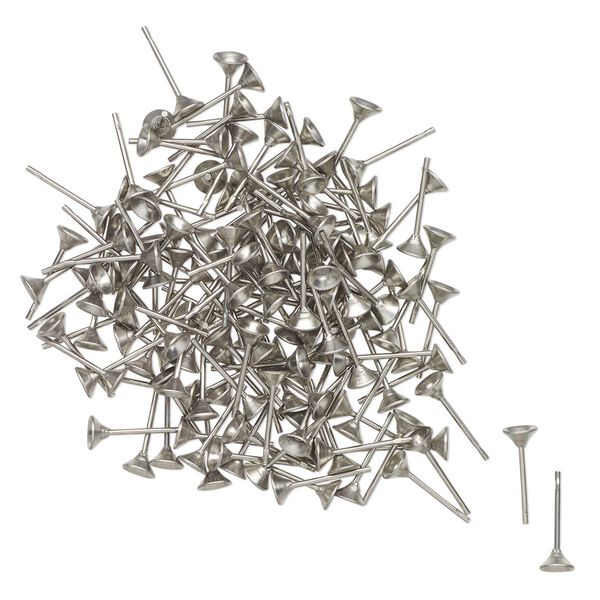 Earstud 1pkg100, 4mm glue-in cup / PP24 round setting, nickel-finished steel 50 pair image number 0