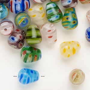 Bead 1pkg1 millefiori glass, opaque and translucent mixed colors, 9x8mm-10x8mm teardrop, 2 ounce.