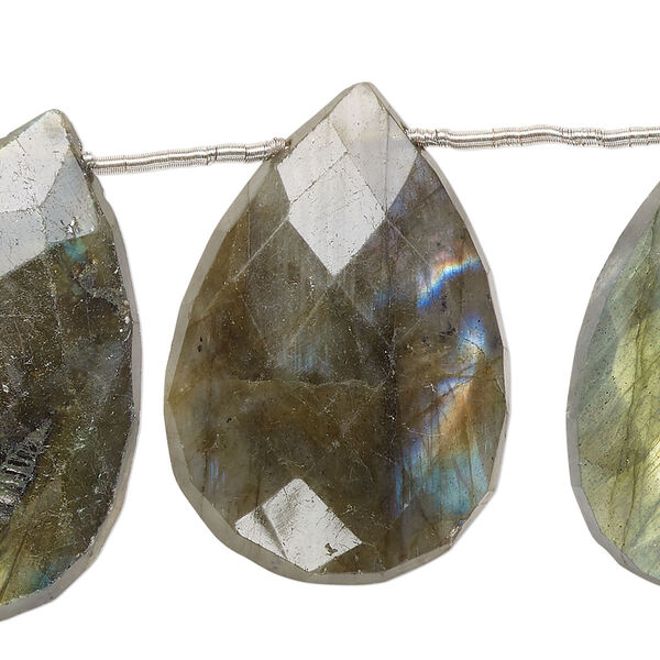Labradorite 1pkg7, hand-cut top-drilled faceted puffed teardrop bead natural B grade, 33x20mm-41x28mm image number 0
