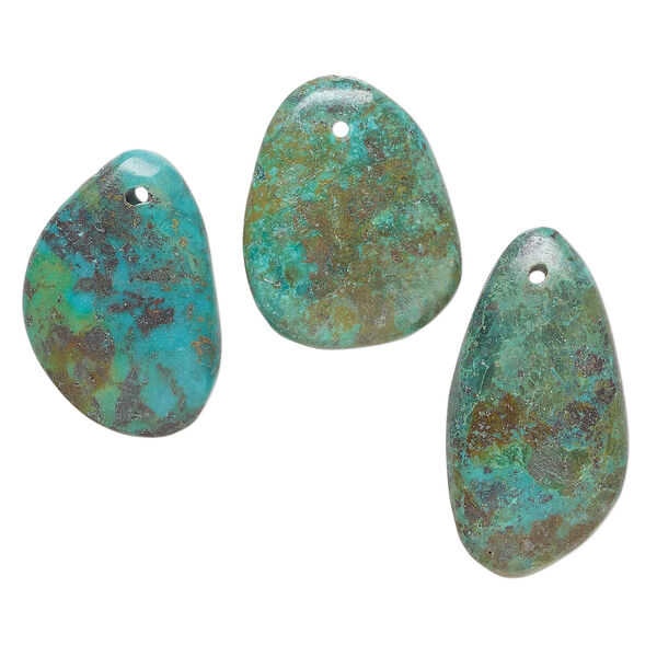 Turquoise 1pkg3, hand-cut top-drilled puffed teardrop / oval / freeform drop, mix 26x21mm-38x26mm blue & green image number 0