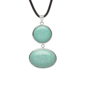Magnesite / leather / brass 1pkg1, imitation rhodium-finished flat round oval necklace 18 inch / 2 inch extender chain / lobster claw clasp