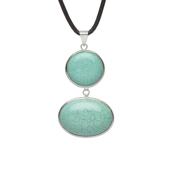 Magnesite / leather / brass 1pkg1, imitation rhodium-finished flat round oval necklace 18 inch / 2 inch extender chain / lobster claw clasp image number 0