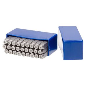 Stamp, tempered chrome vanadium steel, 3-4mm italic uppercase alphabet letters A-Z and "&" symbol, 2-3/4 x 3/8 inch square tube. Sold per 27-piece set in plastic box.