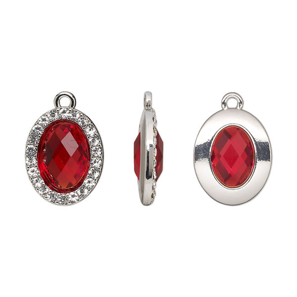 Drop, glass / glass rhinestone / imitation rhodium-finished "pewter" (zinc-based alloy), clear and transparent ruby red, 19x15.5mm single-sided oval. Sold per pkg of 2. image number 0