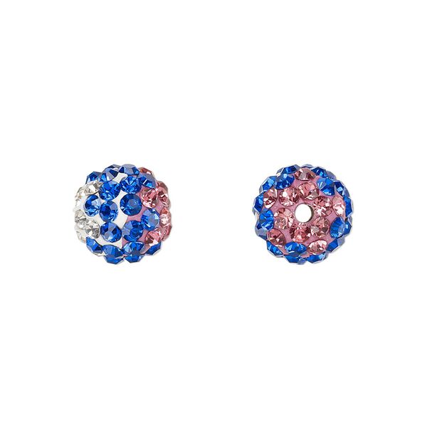 Bead, Egyptian glass rhinestone / epoxy / resin, white / pink / cobalt blue, 10mm round with pavé wave design. Sold individually. image number 0