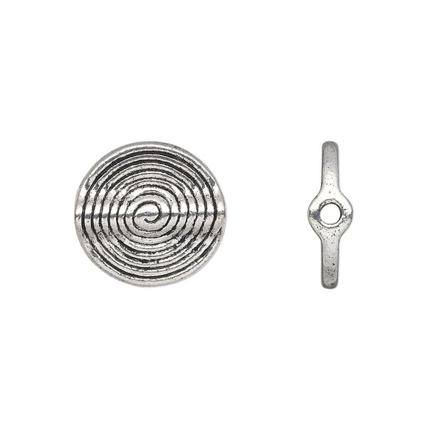 Bead, antique silver-plated "pewter" (zinc-based alloy), 15x4mm double-sided flat round tube with spiral. Sold per pkg of 10. image number 0