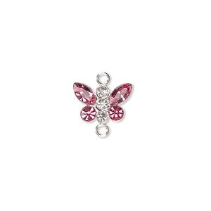 Link, crystals and sterling silver, crystal clear/rose, 12x8mm butterfly. Sold individually.