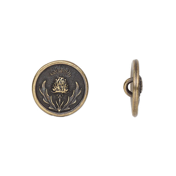 Button, TierraCast®, antique brass-plated pewter (tin-based alloy), 14.5mm round with thistle design. Sold per pkg of 20. image number 0