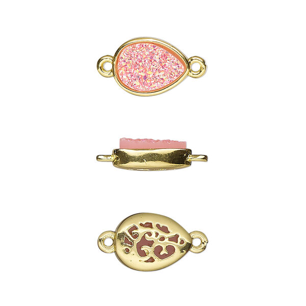 Link, Druzylite™, "druzy" (resin) and gold-finished brass, pink, 11.5x8.5mm two-sided teardrop with open filigree back. Sold per pkg of 4. image number 0