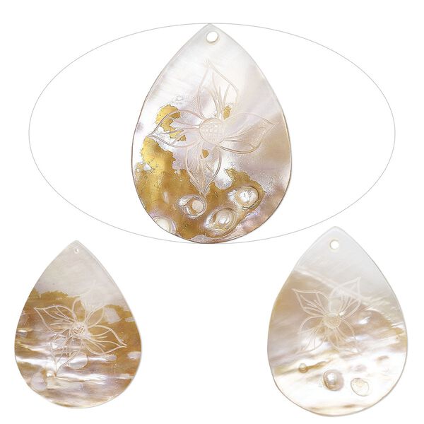 Focal, mother-of-pearl shell (natural/bleached), 55x40mm-65x48mm hand-carved teardrop with flower design, Mohs hardness 3-1/2. Sold per pkg of 3. image number 0