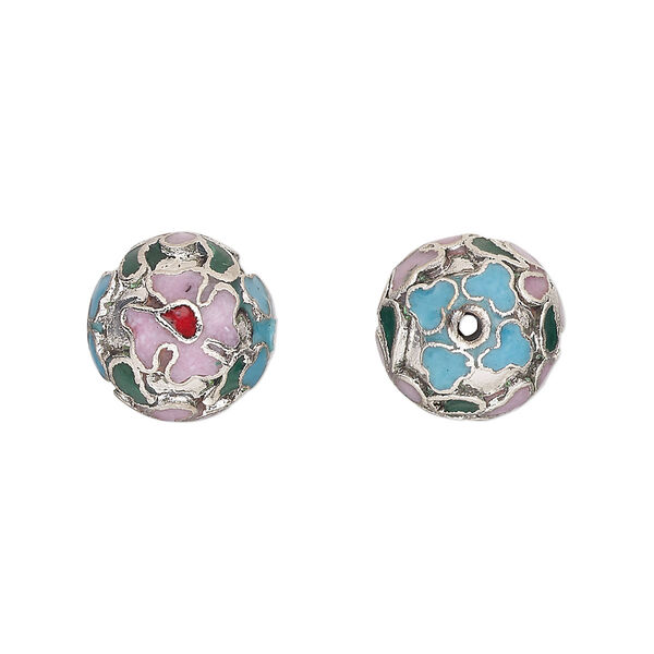 Bead, cloisonné, enamel and silver-plated copper, multicolored, 12mm round. Sold per pkg of 10. image number 0