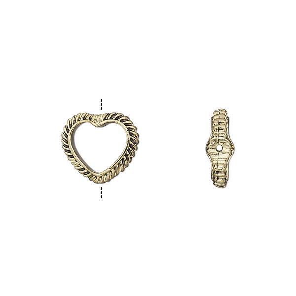 Bead frame, antique gold-finished "pewter" (zinc-based alloy), 12x10.5mm open heart with rope edge, fits up to 8mm bead. Sold per pkg of 2. image number 0