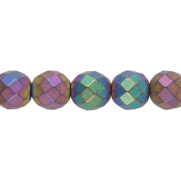 Bead, electroplated Hemalyke™, matte rainbow, 10mm faceted round. Sold per 15-1/2" to 16" strand. image number 0