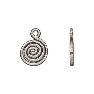 Drop, antique silver-plated "pewter" (zinc-based alloy), 13mm double-sided flat round with spiral design. Sold per pkg of 50.