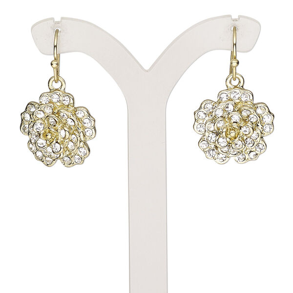 Earring, glass rhinestone with gold-finished brass and "pewter" (zinc-based alloy), clear, 28mm with flower and fishhook ear wire. Sold per pair. image number 0