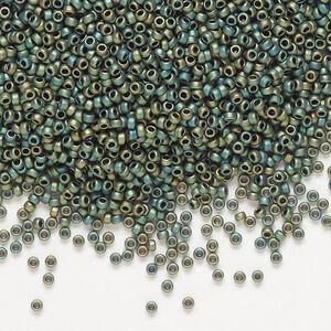 Seed bead, Miyuki, glass, pkg/250g, #15 rocaille, opaque matte metallic iris green patina (RR-2067).