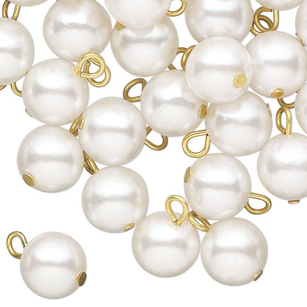 Drop, acrylic, light silver pearl, gold-finished brass, 10mm round. Sold per pkg of 100. image number 0