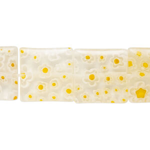 Bead, millefiori glass, translucent clear / white / orange, 15mm-17x16mm puffed square with flower design. Sold per 14-inch strand.