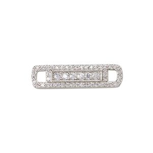 Link, cubic zirconia and silver-plated brass, clear, 26x6.5mm single-sided rectangle. Sold individually.