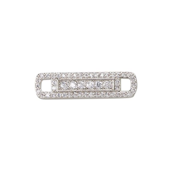 Link, cubic zirconia and silver-plated brass, clear, 26x6.5mm single-sided rectangle. Sold individually. image number 0