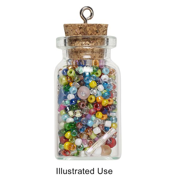 Component, glass / cork / nickel-finished steel, clear, 40x22mm bottle with stopper and screw eye. Sold per pkg of 100. image number 0