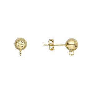 Earstud 1pkg2 sterling silver, 6mm diamond-cut ball / closed loop / earnuts, gold-finished 1 pair