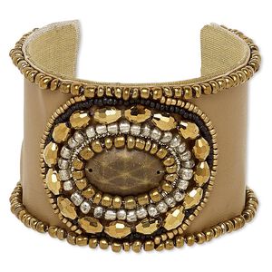 Bracelet, cuff, acrylic / leatherette / cotton / glass / steel, multicolored, 53mm wide with oval design, adjustable from 6-1/2 to 7 inches. Sold individually.