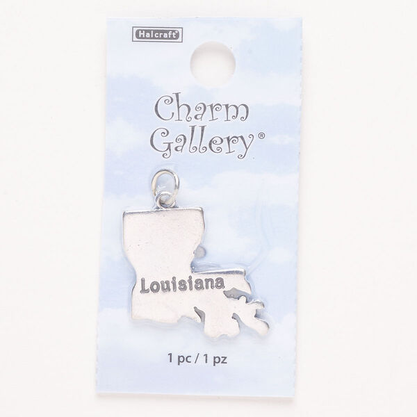 Charm, steel and enamel, pkg/1, silver finish and black, 24x23mm with "Louisiana." image number 0