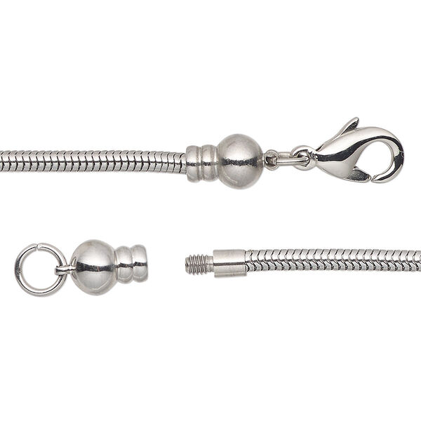 Dione® Easy-On Chain, stainless steel, 2.4mm snake, 8 inches with 3.2mm threaded ball end and lobster claw clasp. Sold individually. image number 0