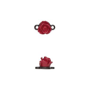 Link, black-finished "pewter" (zinc-based alloy) and resin, red, 6.5mm rose. Sold per pkg of 4.