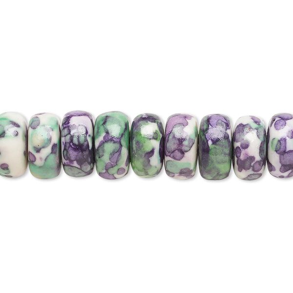 Bead, resin and painted ceramic, purple / green / white, 10x5mm rondelle. Sold per 15-1/2" to 16" strand. image number 0