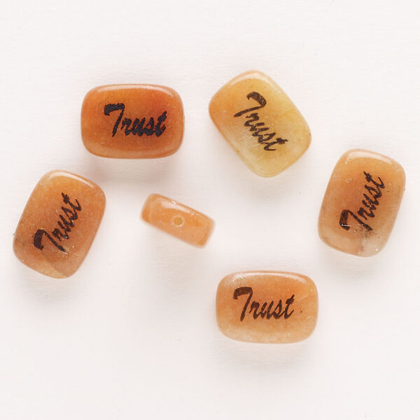 Bead, red aventurine (coated) and enamel, pkg/6, 14x10mm double-sided machine-cut rounded flat rectangle with "Trust", B grade. image number 0