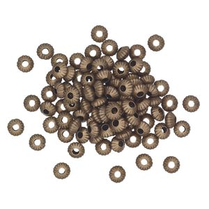 Bead, antique gold-plated brass, 5x3mm corrugated saucer. Sold per pkg of 100.